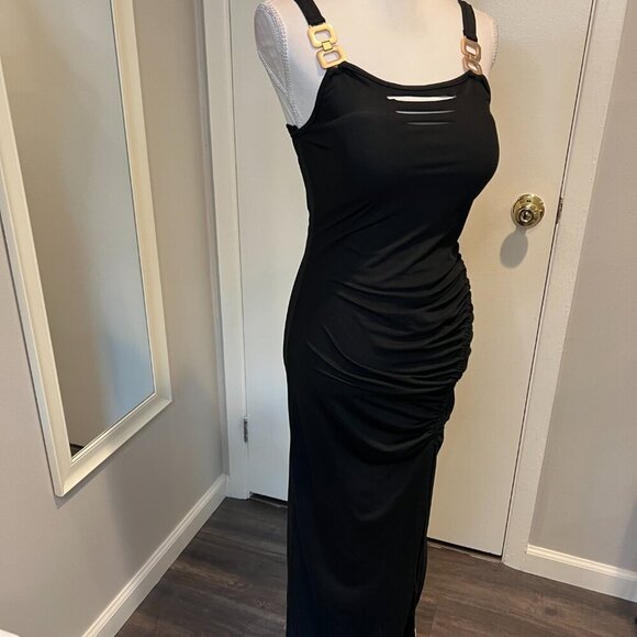 Chic Me Black Ladder cutout Slit Gold Buckle Ruched bodycon Dress, Size Medium - Picture 5 of 16